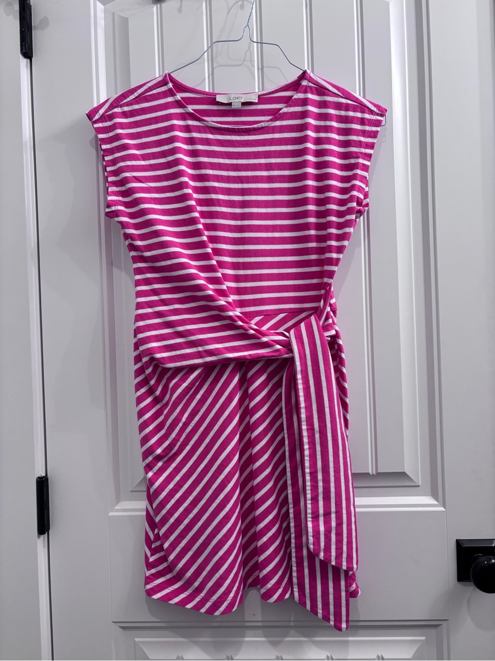 LOFT Pink and White Striped Tie-Waist Midi Dress
